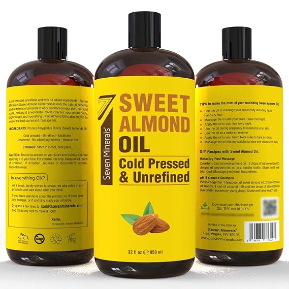 Seven Minerals, Pure Cold Pressed Sweet Almond Oil - Big 32 fl oz Bottle - Unrefined &100% Natural - For Skin & Hair, with No Added Ingredients - Perfect Carrier Oil for Essential Oils