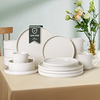 Ceramic Dinnerware 16 Pieces Dinner Set,Plates Pasta Bowls Cereal Bowls Reactive Change Glaze Dish Sets, Modern Stoneware Dishes,Gift, Creamy white