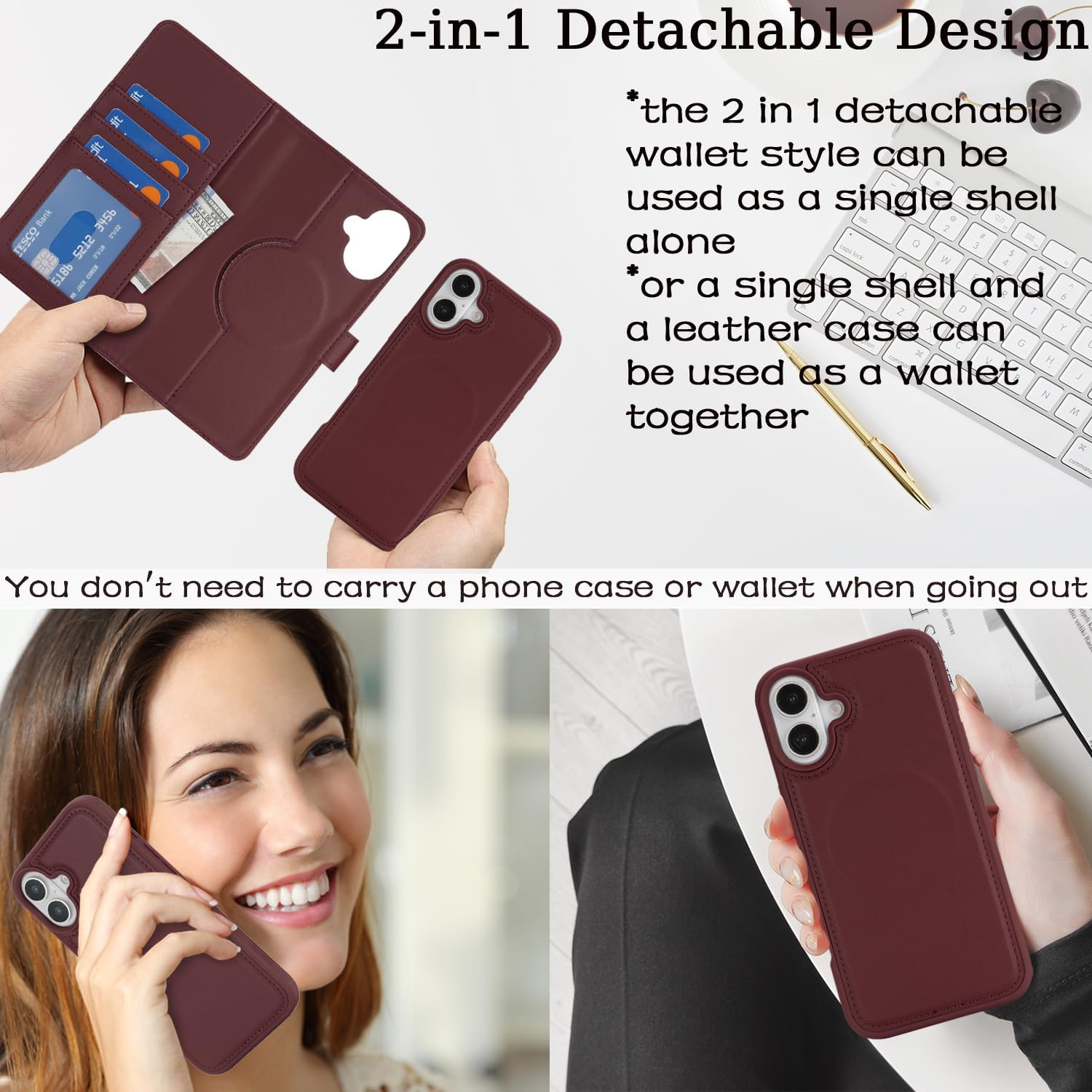 Ｈａｖａｙａ for iPhone 16 Case Detachable Wallet Case with Card Holder，2 in 1 Pu Leather Flip Folio Credit Card Slots Stand Compatible Magsafe Magnetic Shockproof Phone Cover (6.1")-Wine Red