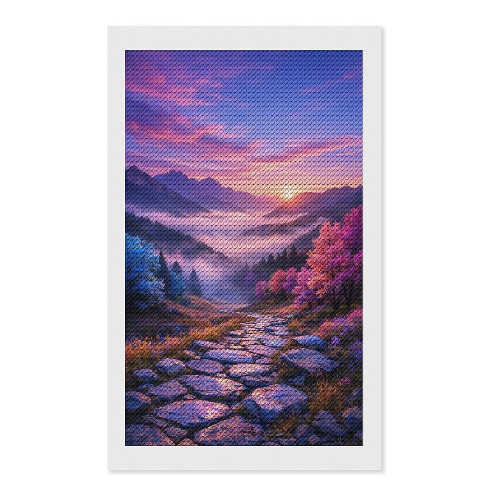 Junmoney Sunset Glow Over Misty Valley Path Diamond Painting Set 12"x20", Neat Printed Canvas, with Tool Kit, Bedroom Decor, Gift Idea, Complete Accessories