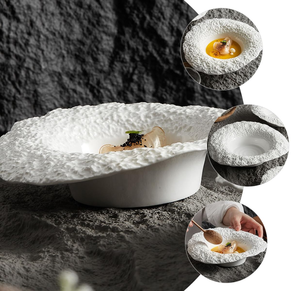 Veemoon Assiette Creuse en Céramique 10 Pouces Motif Pierre Bol Chapeau de Paille Plat de Service Profond pour Pâtes et Salades Assiette à Dessert Polyvalente Cuisine et Buffet