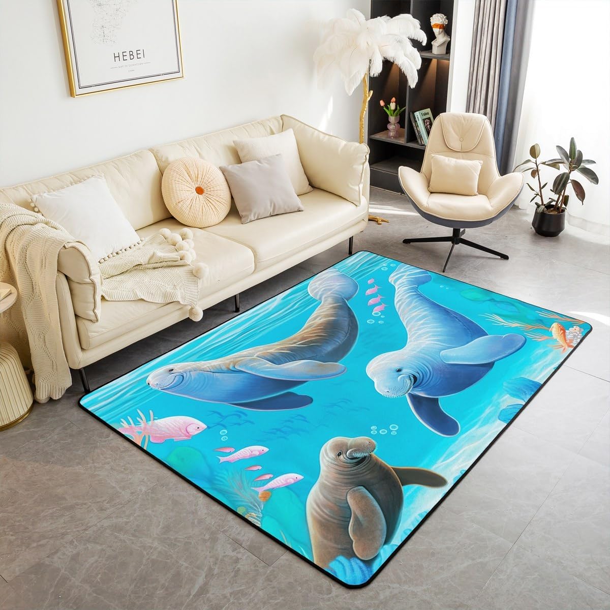 Erosebridal Cartoon Manatees Area Rug 5x7, Sea Animals Rug for Kids Boys Girls, Ocean Waves Kawaii Marine Life Carpet, Blue Nautical Fishes Non Slip Washable Decorative Rug for Bedside