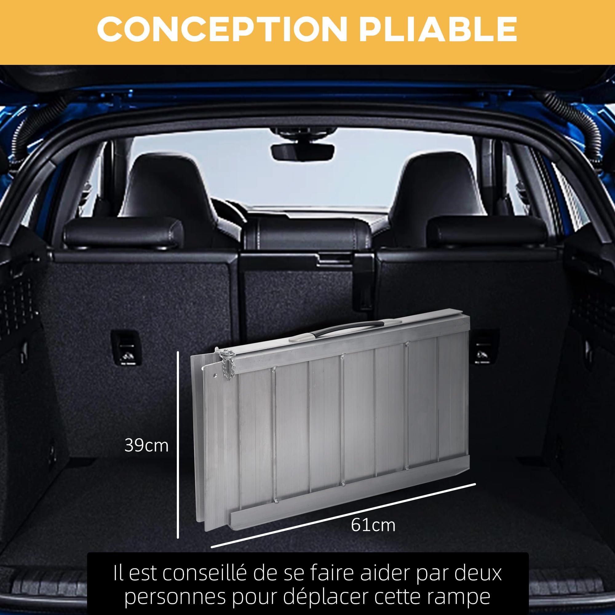 HOMCOM Rampe de Fauteuil Roulant Pliable Antidérapante 61x74 cm | Rampe de Chargement Sablage, Alliage d'Aluminium, Bordures de Sécurité, Stickers Réfléchissants, Charge Max. 270 Kg