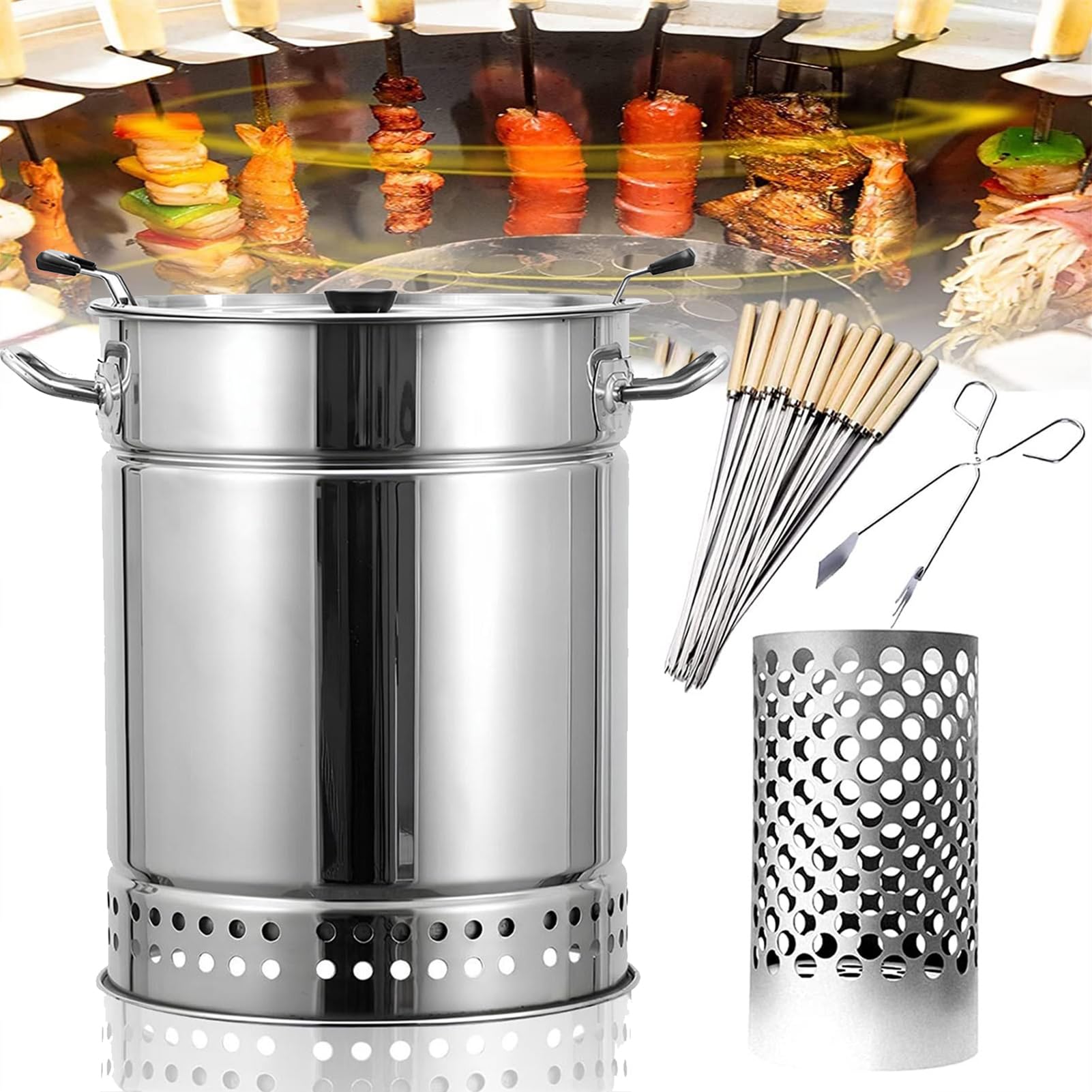 GAOXIAO Grill wewnętrzny, bezdymny węgiel drzewny, grill beczkowy, wiszący piec do grilla, grill ze stali nierdzewnej, siatka beczkowa, stojak na grill kempingowy silver Large (30 skewers)