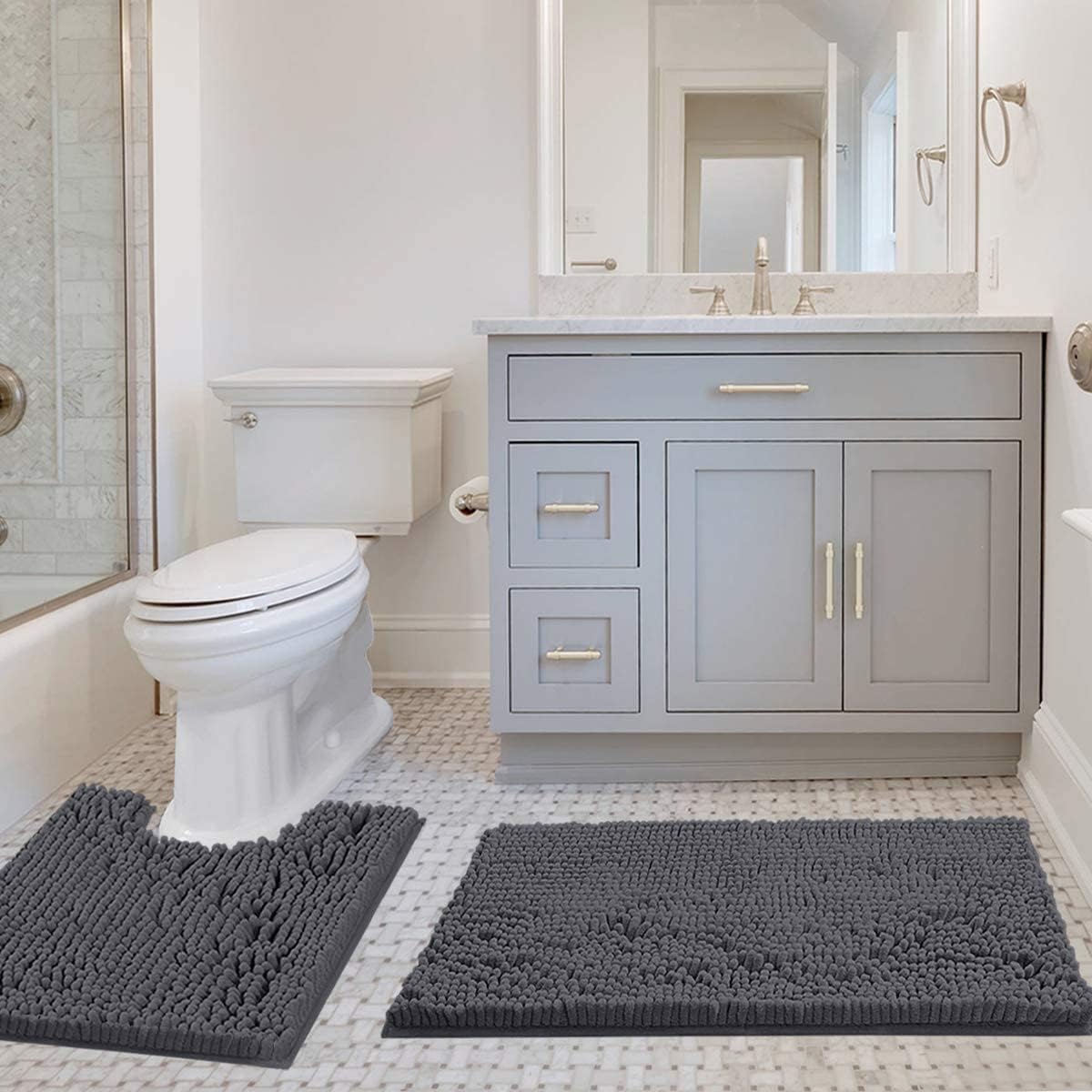 H.VERSAILTEX Rectangle Bathroom Rug Mat Bundle Toilet Mat U Shaped -Grey