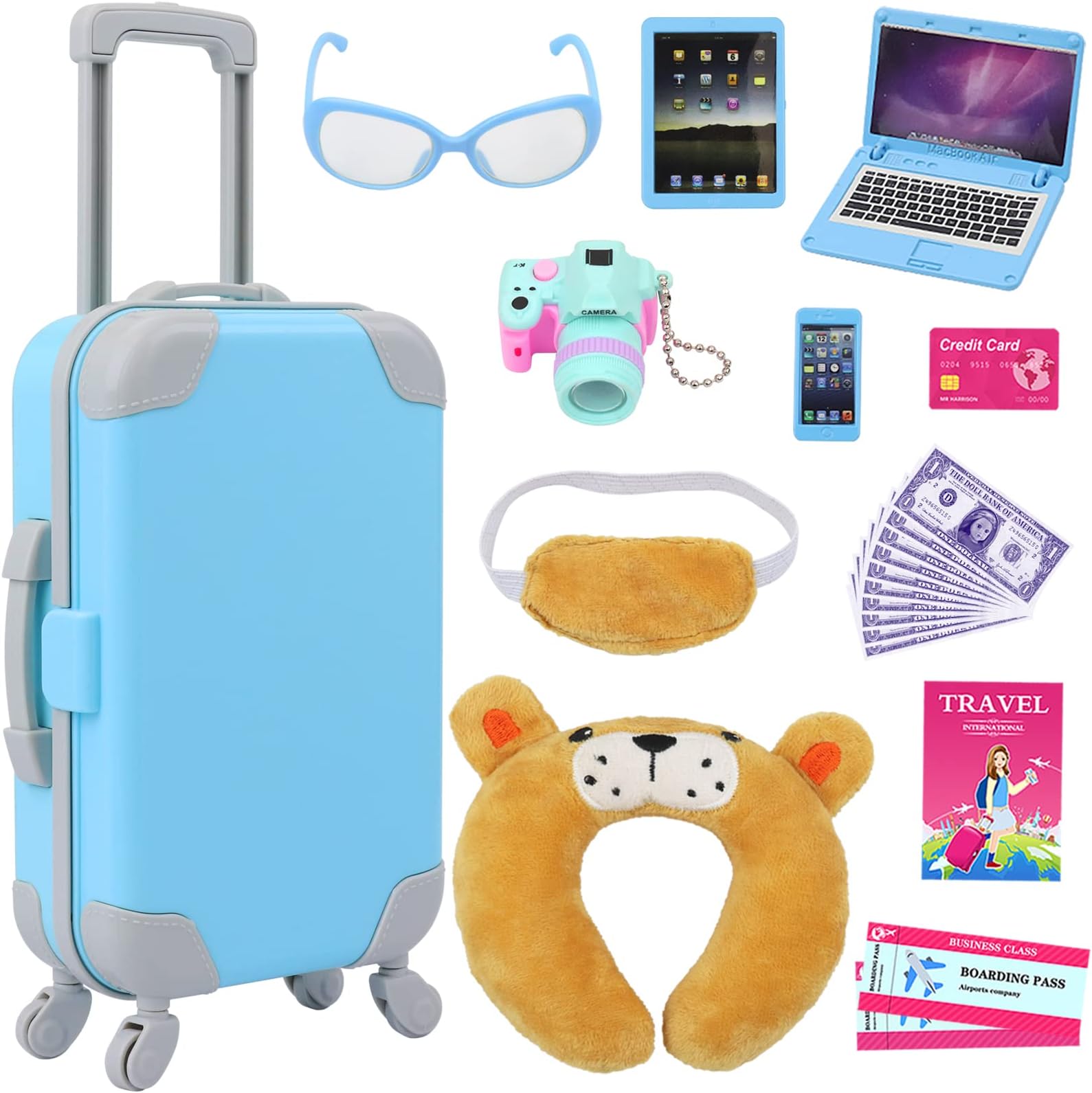 ZITA ELEMENT 22 Pcs 18 Inch Boy Doll Clothes Suitcase Set for 19 Inch Boy Doll Accessories Travel Carrier Storage, Including Suitcase Pillow Blindfold Sunglasses Camera Computer
