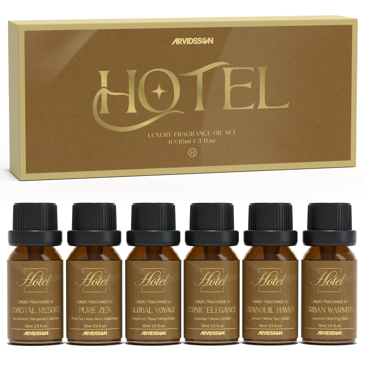 ARVIDSSON - Juego de regalo de aceites difusores de hotel, aceites esenciales para difusor, juego de aceites aromáticos de lujo, inspirado en hoteles de 5 estrellas, incluyendo Hilton, cuatro