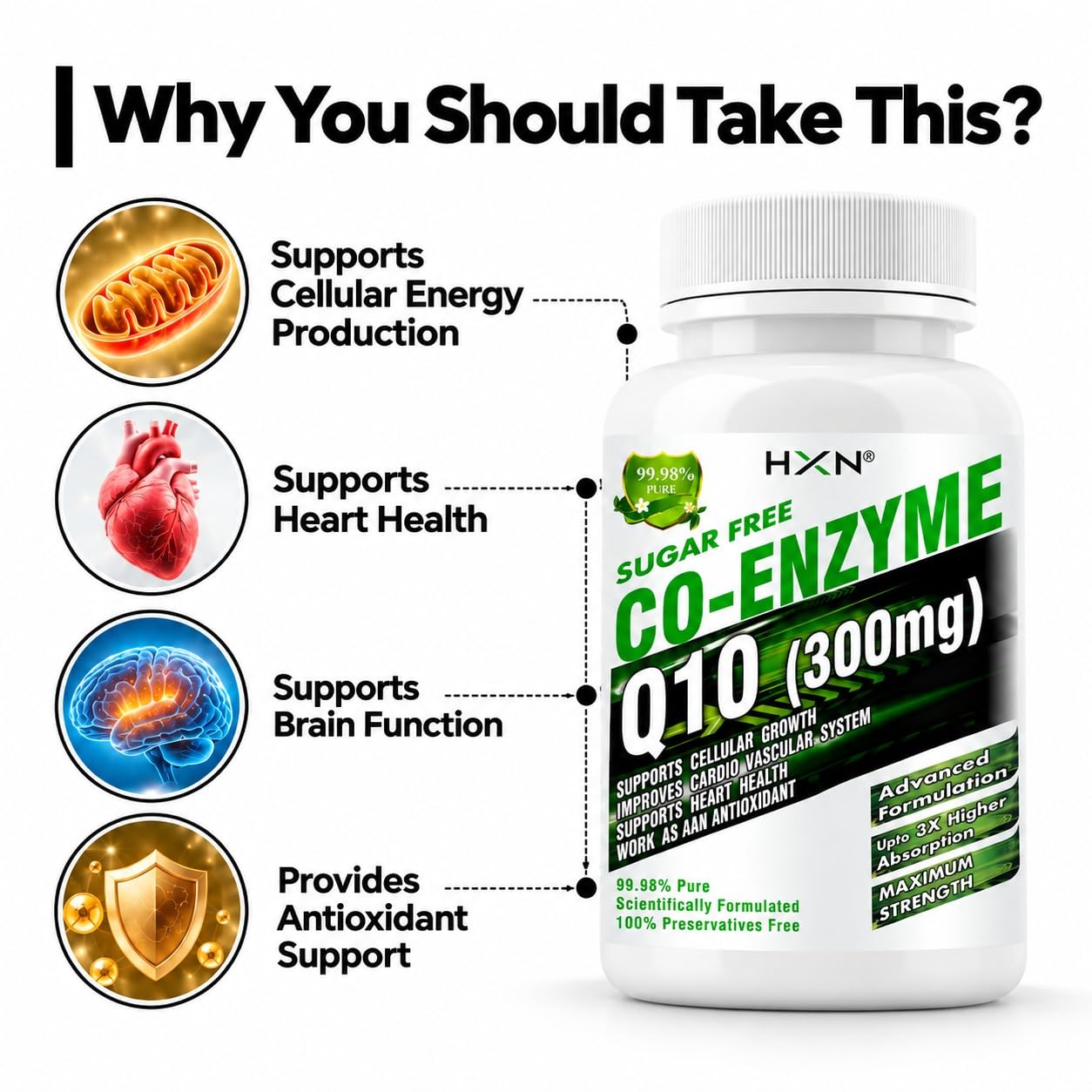 HAYER Coq10 Supplement, Coenzyme Q10 300mg (99.98% Pure Ubiquinol) With Veg Omega 3, R-Alpha Lipoic Acid, Vitamin B1, B6 To Good Heart Health Supplements-60 Antioxidant Tablet (No Capsules Pack1) — Amazon image 5