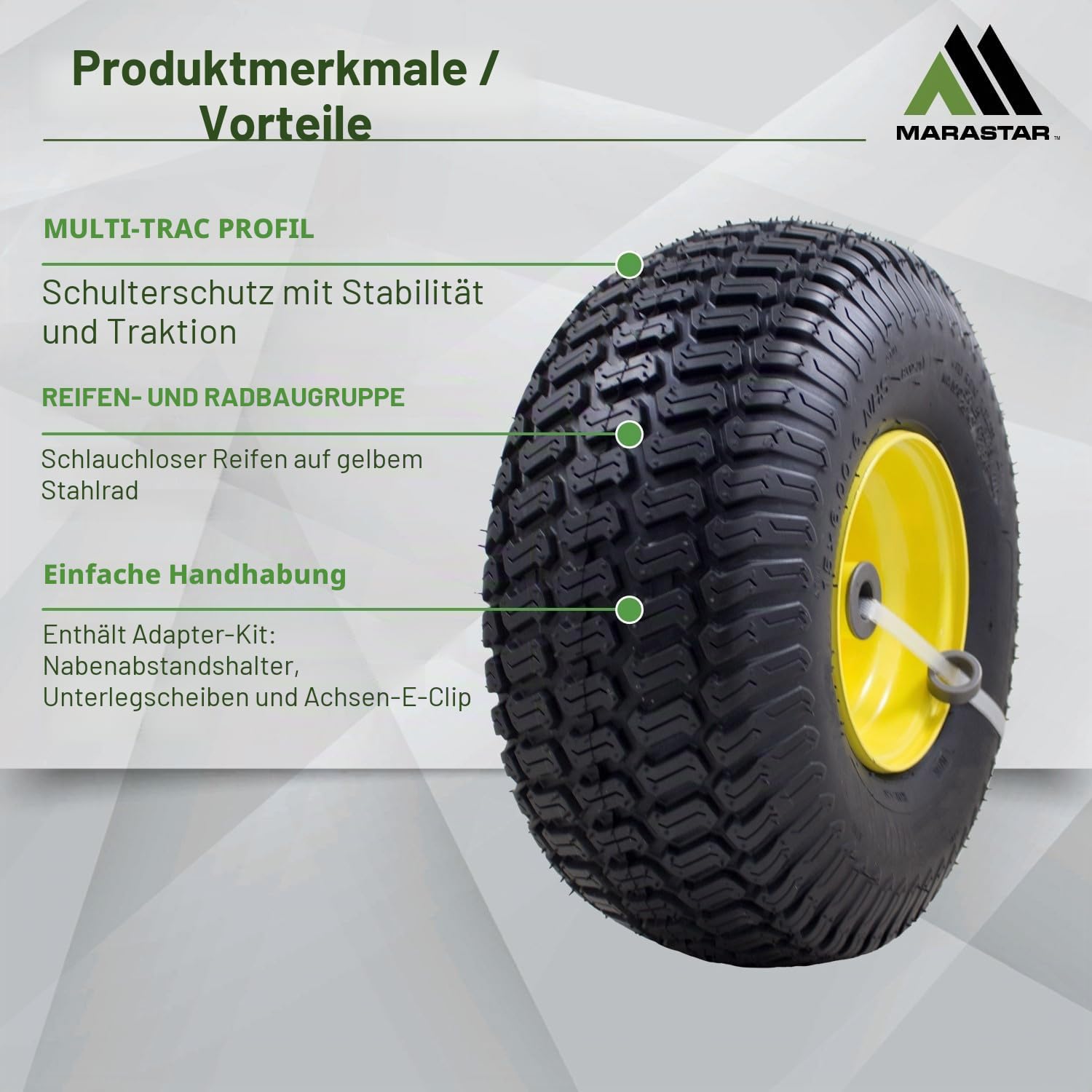 MARASTAR 21426 15x6.00-6 Reifen und Radmontage, Ersatz-Rasenmäher, Vorderreifen, kompatibel mit John Deere Rasenmäher der Serie 100 und 300