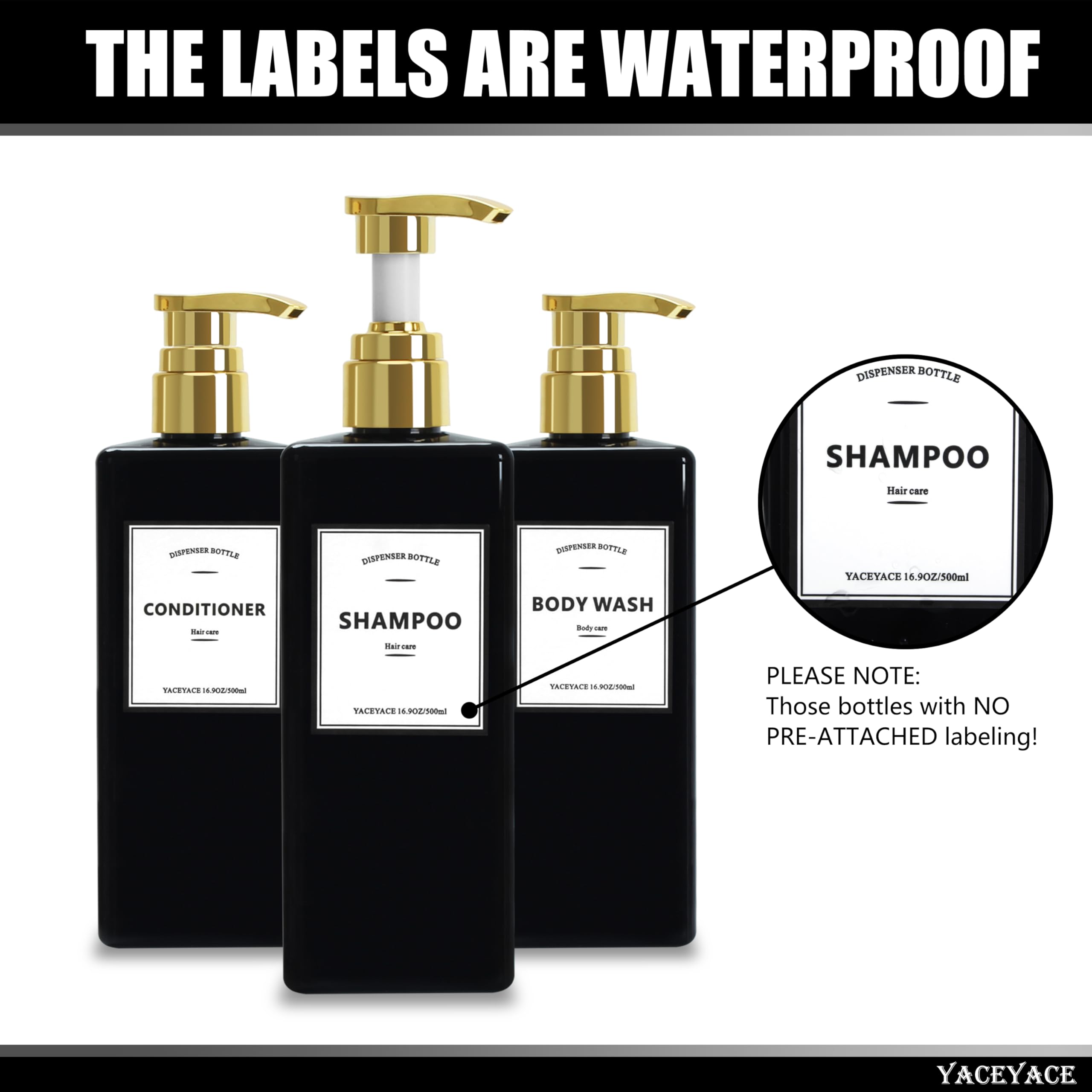 YACEYACE Black Rectangular Shower Bottle with Label, 3Pcs Shower Dispenser Bottle with Gold Pump,16.9oz