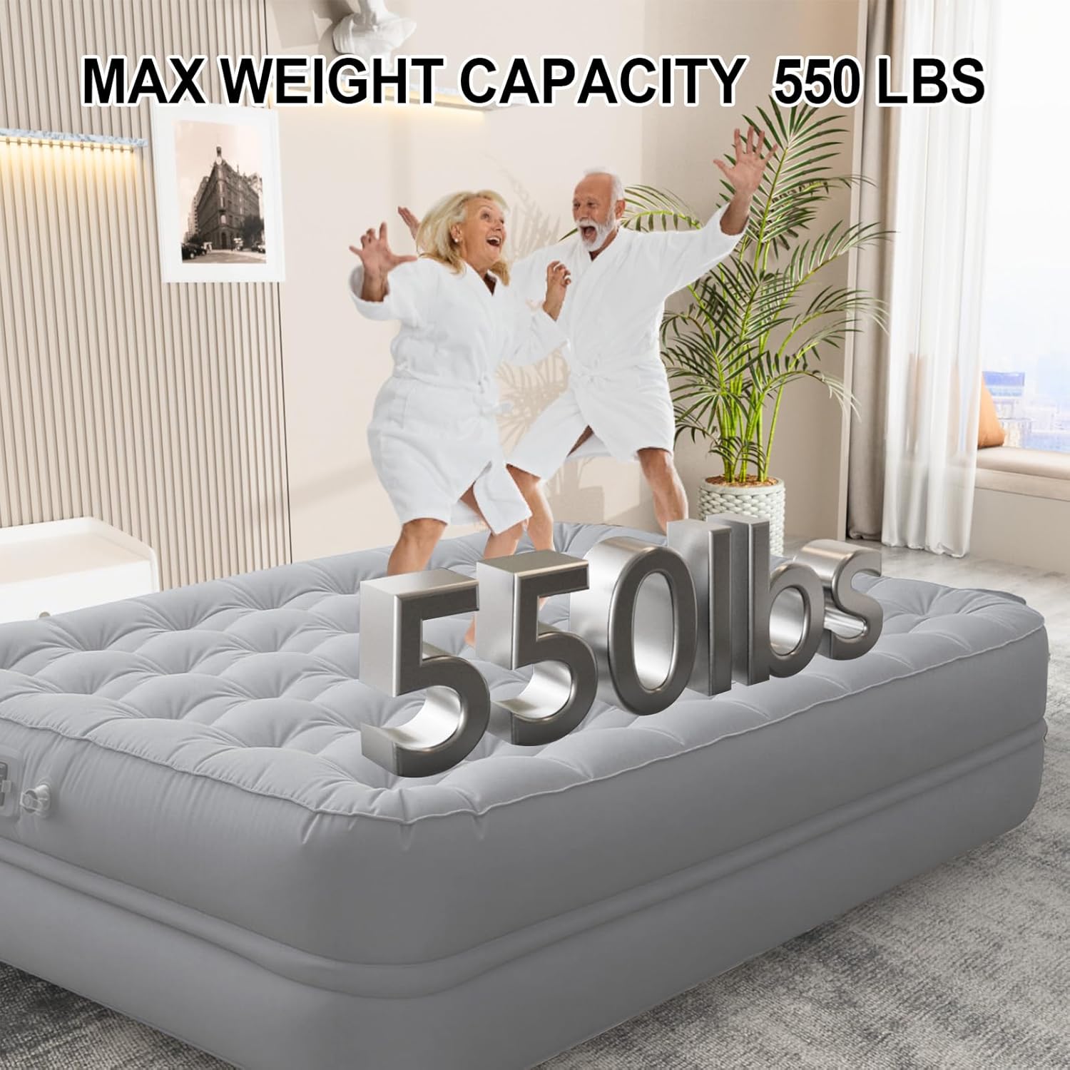 Air Mattress Queen with Built-in Rechargeable Battery Pump, Portable Camping Air Bed, Cooling Pongee Fabric Mattress for Summer Use, Foldable Inflatable Bed (18" Gray)