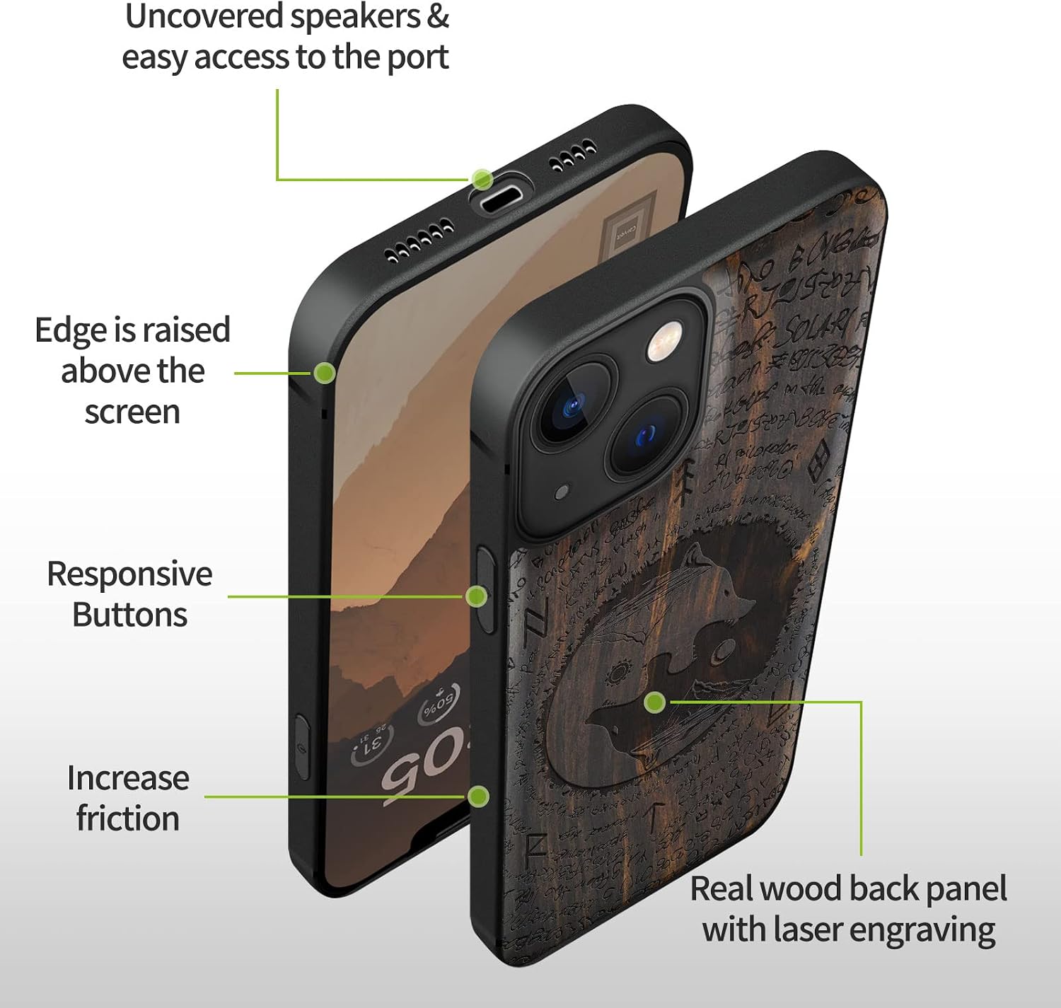 Carveit Magnetic Wood Case for iPhone 13 Case [Natural Wood & Black Soft TPU] Unique & Classy Wooden Shockproof Protective Cover Compatible with magsafe (Wolf Carving -Blackwood)
