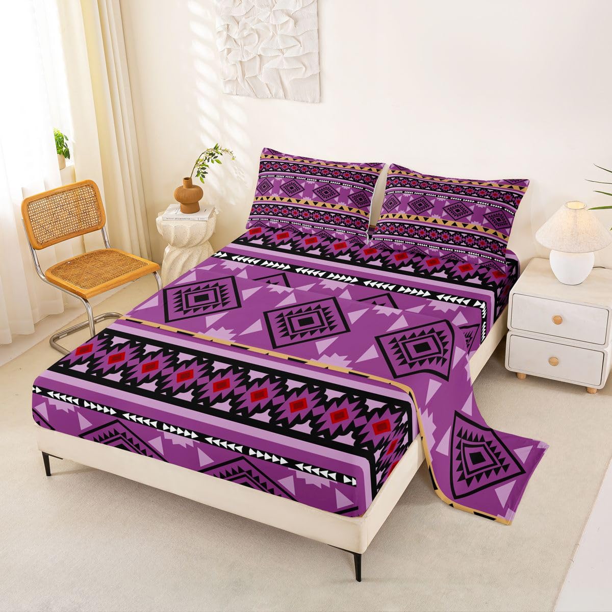 Homewish Fioletowy aztecki zestaw pościeli podwójne azteckie czeskie zachodnie prześcieradła południowo-zachodni rodzimy zestaw prześcieradeł - plemię geometryczny wzór boho dopasowane górne