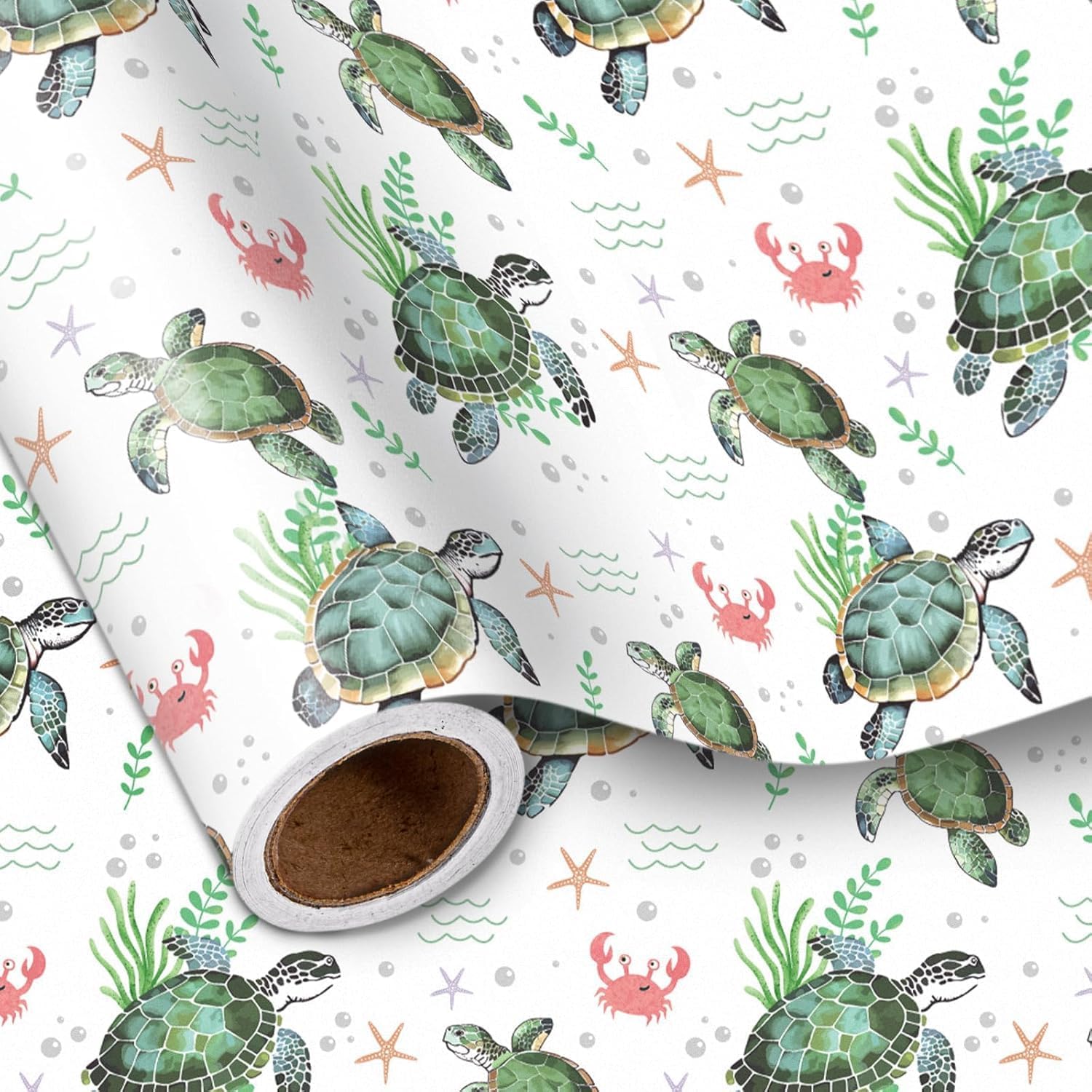 LeZakaa Ocean Sea Turtle Wrapping Paper Roll for Boys Girls Kids, Green Sea Turtle with Seaweed, Crabs, Starfish, Underwater Design for Birthday, Baby Shower Party, Mini Roll, 17 inches x 16.4 Feet