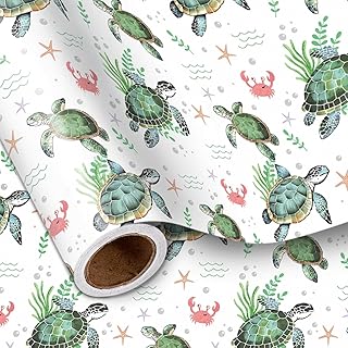 LeZakaa Sea Turtle Wrapping Paper Roll for Boys Girls Kids, Green Sea Turtle with Seaweed, Crabs, Starfish, Underwater Ocean Design for Birthday, Baby Shower, Mini Roll, 17 inches x 16.4 Feet