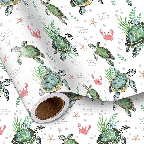 LeZakaa Ocean Sea Turtle Wrapping Paper Roll for Boys Girls