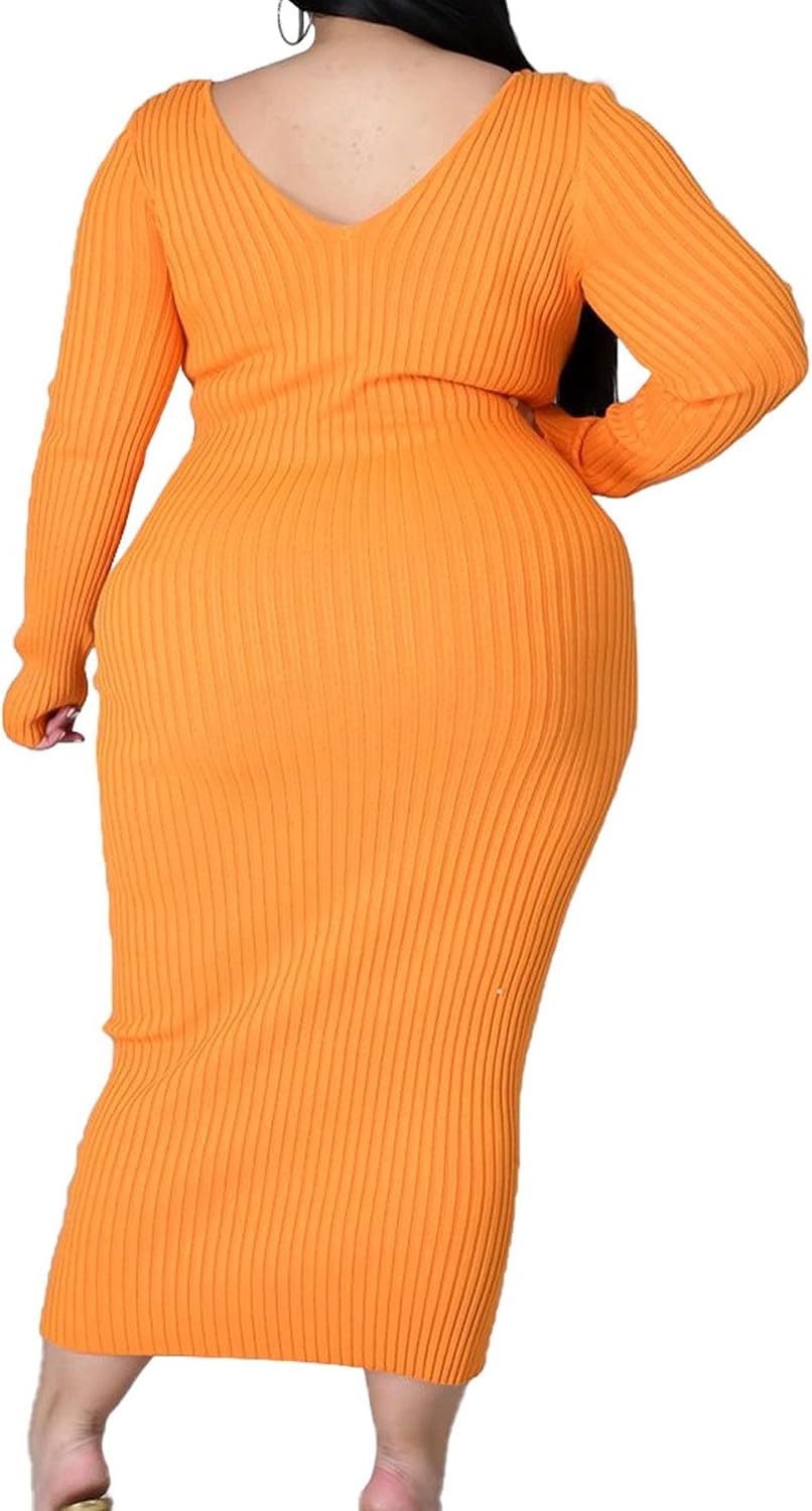 Generic Women'S Long Sleeve V Neck Bodycon Dress Plus Size Ribbed Mini Tank Short Party Dress Solid Color Stretchy Dresses