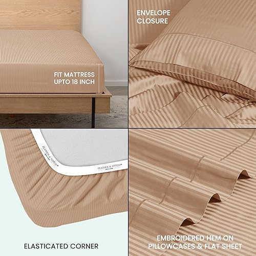 Miniatura 3 de Juego de sábanas de damasco tamaño King de Feather & Stitch, 100% algodón suave, transpirable, 4 piezas, bolsillos profundos de 18 pulgadas, tejido