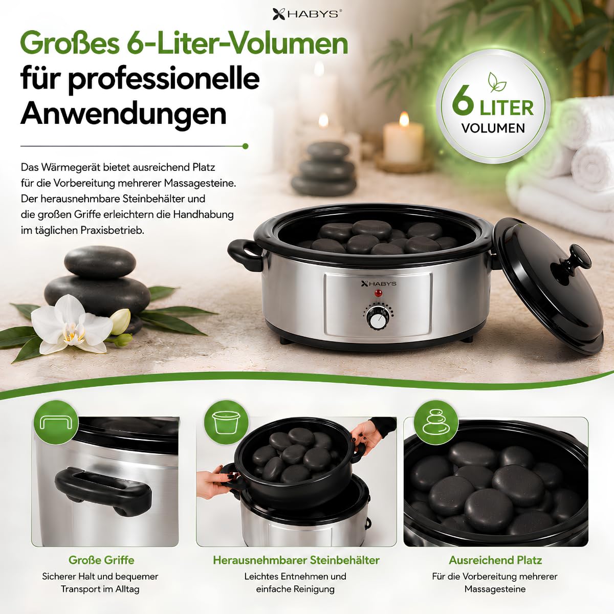Hot Stone Wärmegerät 6 Liter aus Edelstahl | Temperaturregler für Massage und Therapie, Analog Kontrolle, Thermometer und Schöpfkelle