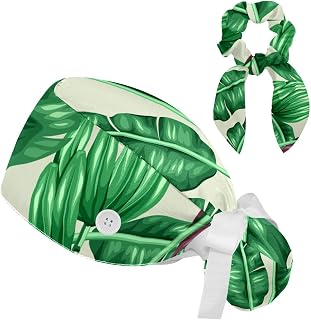 2 Pieces Surgical Cap for Long Hair Scrub Cap with Hairband Nurse Cap, Banana Leaf Flower Fruit
