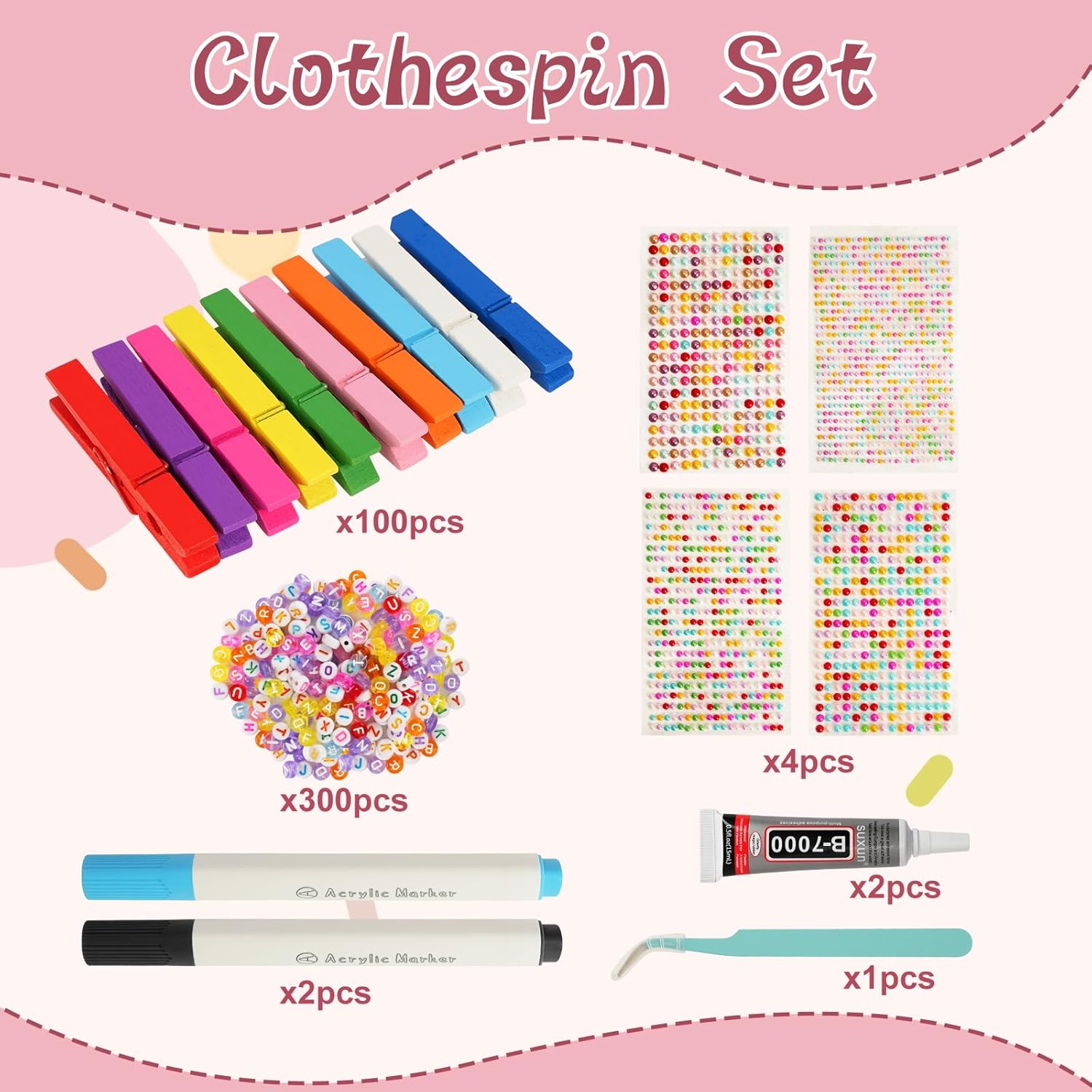 100 Set Cheer Pins Spirit Clips, Wooden Colored Clothes Pins with Tools,Cheer Pin Kit 180 Mini Bows Ducks Daisy Balls 300 Letters 4 Stickers, DIY Custom Pins for Backpack Team Cheerleader Gifts