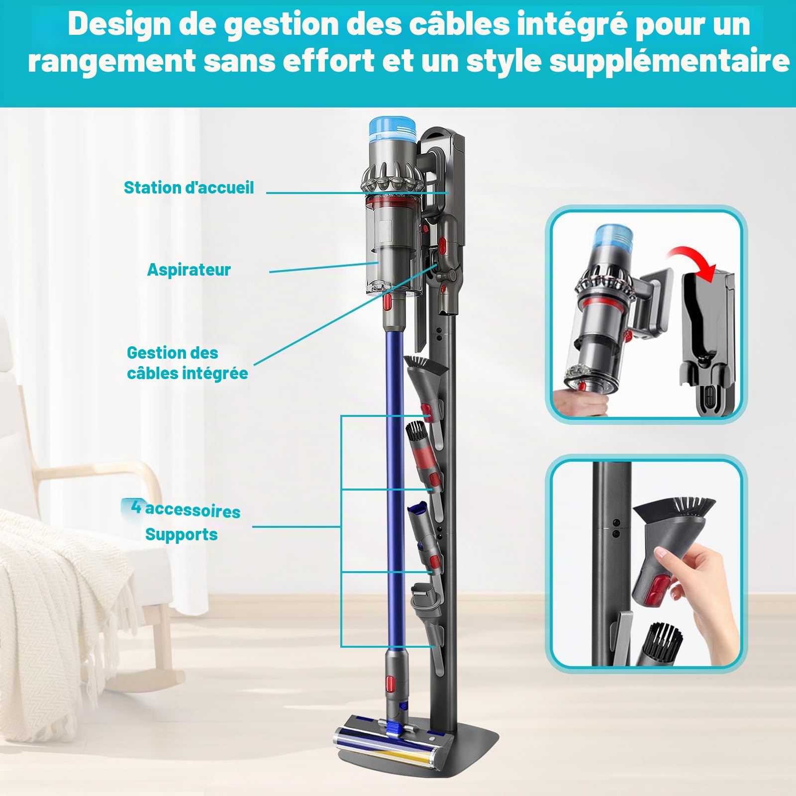 FrontLine Support pour aspirateur Dyson Gen5 V8 V15 V12 V11 V10 V7 V6, rangement mural stable en métal sans perçage, organiseur peu encombrant avec 4 crochets pour aspirateur sans fil Dyson et