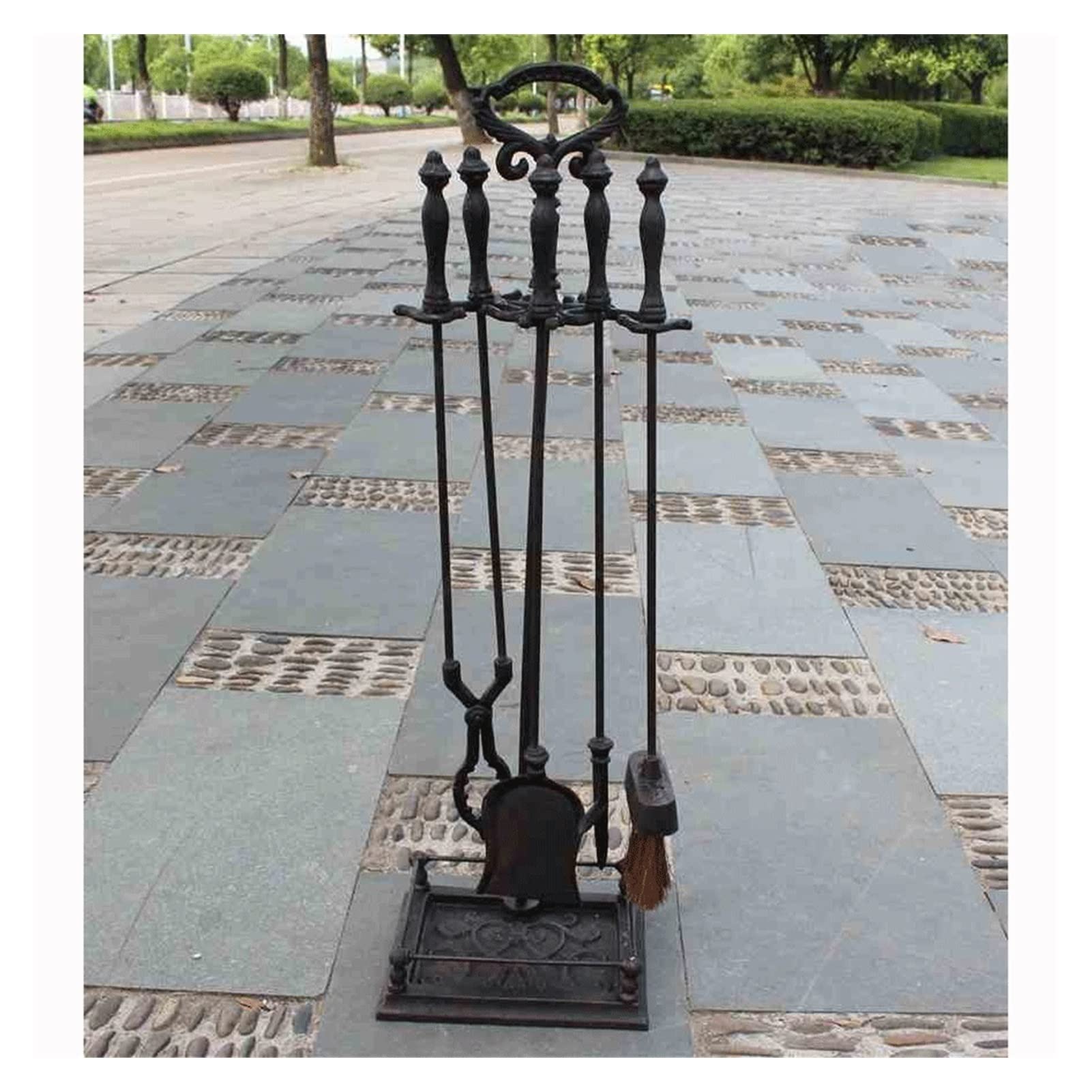 Set di attrezzi per camino, set di attrezzi per camino, set di attrezzi per camino da 5 pezzi, set di attrezzi per camino in ferro battuto con attizzatoio, paletta, pinze, spazzola, legna da ardere,