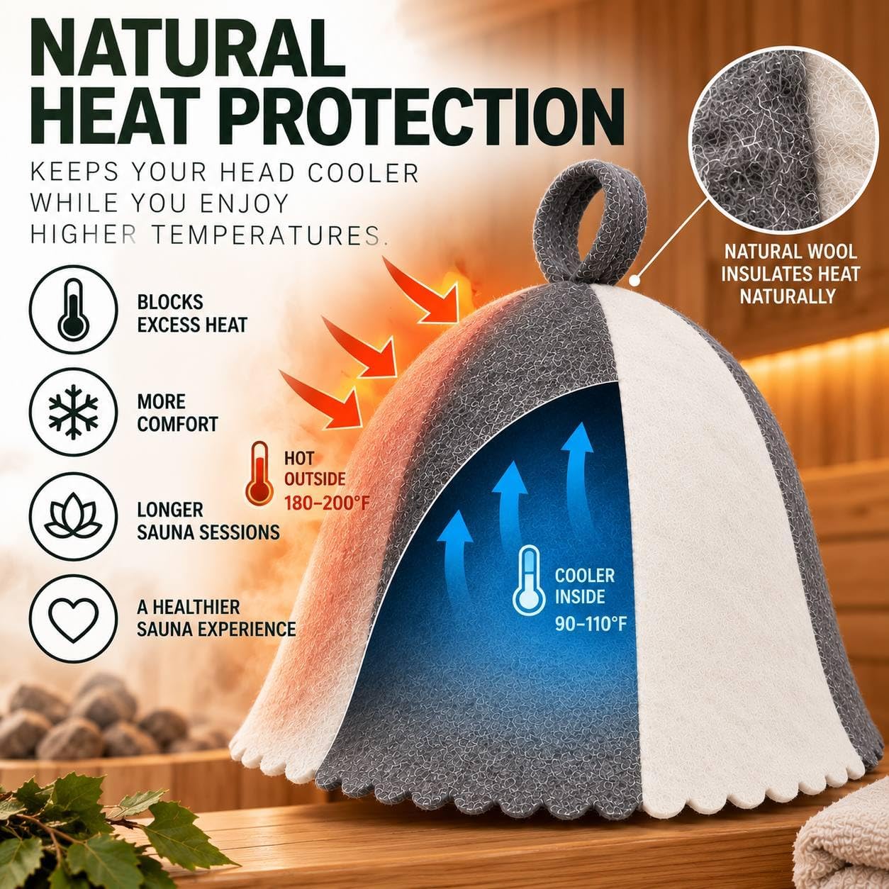 Premium Sauna Hat – 100% Natural Wool, Handmade Sauna Headwear for Men and Women – Eco-Friendly, Breathable image 3