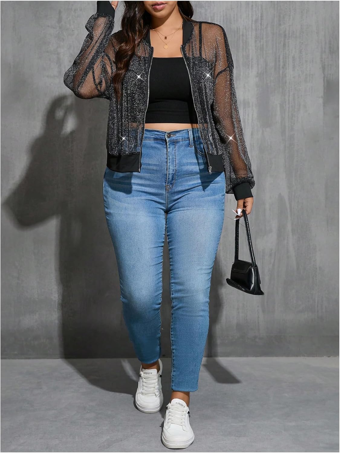 WDIRARA Women's Plus Size Sheer Mesh See Through Bomber Jacket Zip Front Long Sleeve Outerwear - Image 6