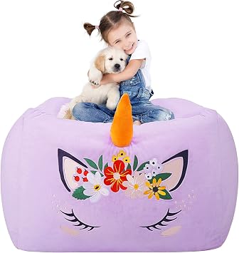Aubliss Unicorn Stuffed Animal Storage Bean Bag Chair for Kids, Velvet