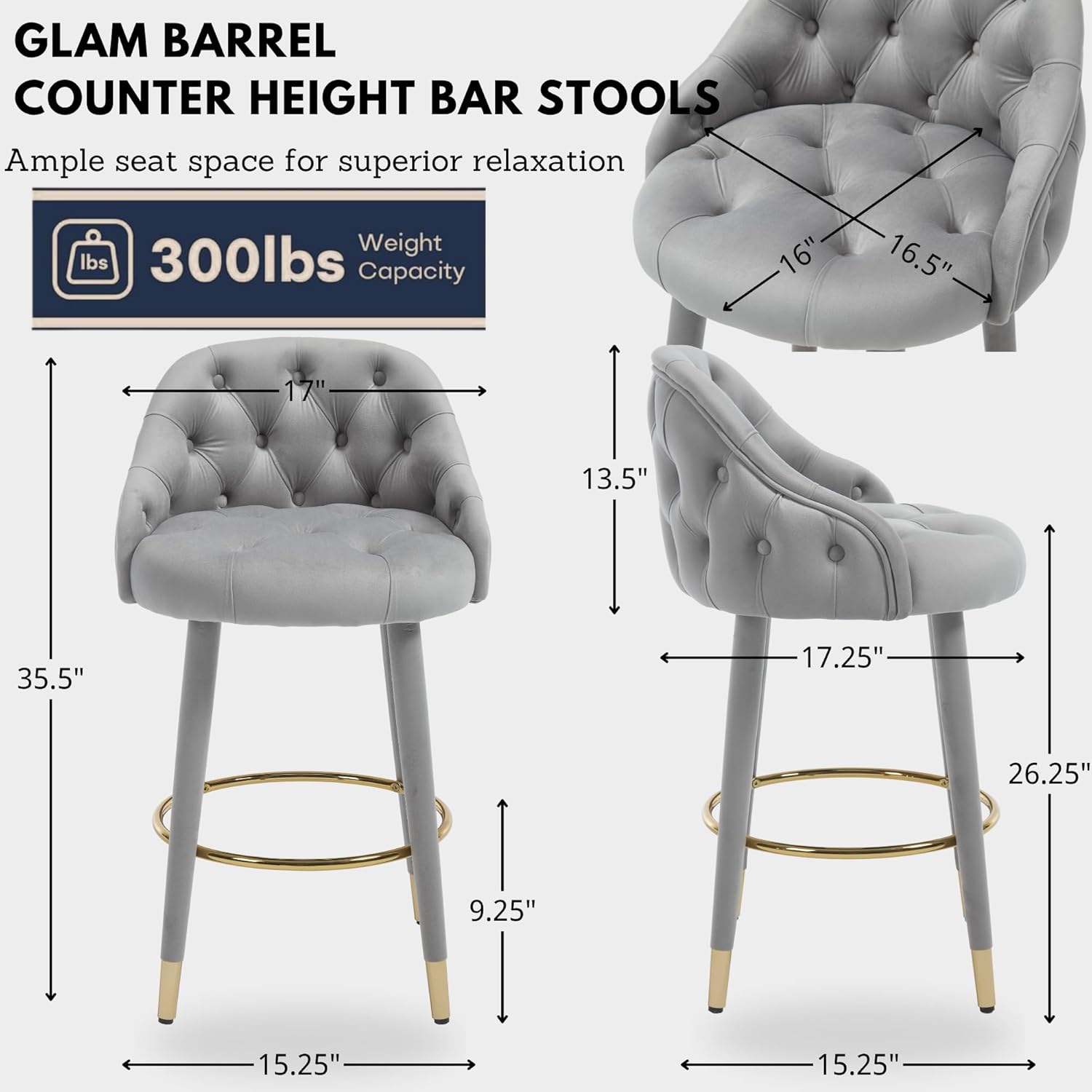 Hyfirm Upholstered Tufted Bar Stools Set of 2, 26" H Velvet Counter Height Bar Stools Glam Barstools with Gold Footrest & Fabric-Covered Legs for Kitchen Island Dining Room Bar, Grey