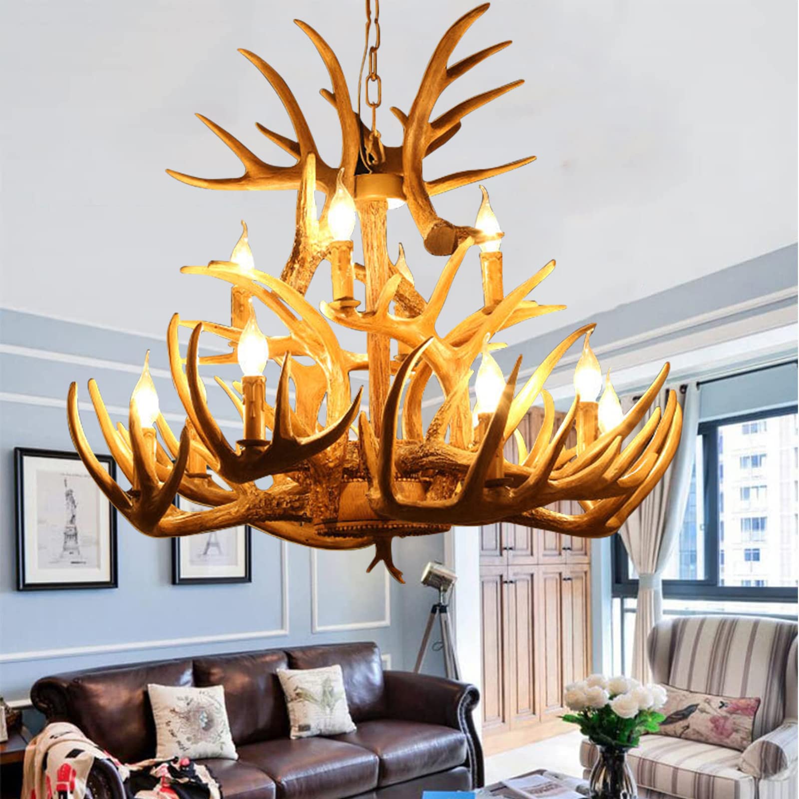 PLQWUJD Exquisite Chandelier Resin Deer Antler Chandelier - Large Vintage Double Layer Light Fixture for Dining Room, Home Store, Bar & Coffee Farmhouse Style Horn