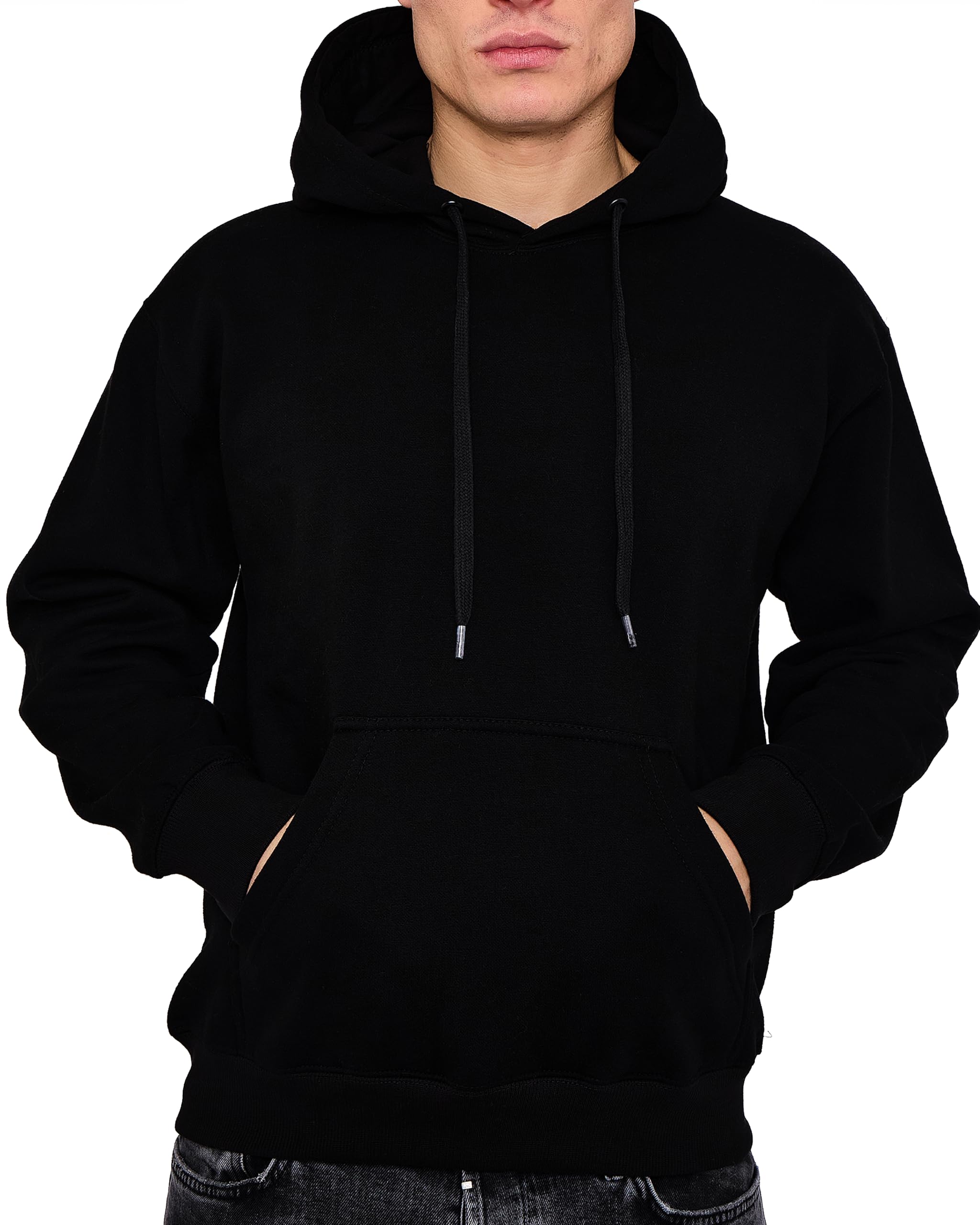 LABEL APPAREL Mens Pullover Fleece Hoodie 300GSM Sweatshirt Plain Hoody Work Hooded Jumper Ribbed Cuff Long Sleeve Pull Over Top, Black, 4XL