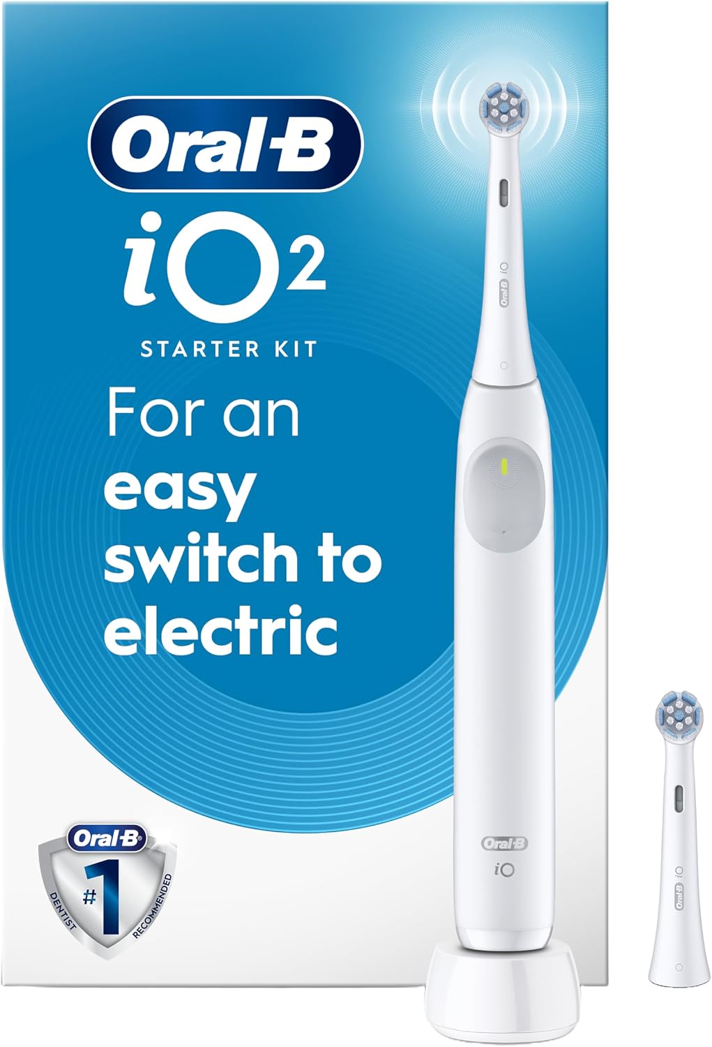 Oral-B iO Series 2 Rechargeable Electric Powered Toothbrush Starter Kit, Pure White with 2 Brush Heads - Automatic Pressure Sensor to Protect Gums - 3 Modes - 2 Min Timer