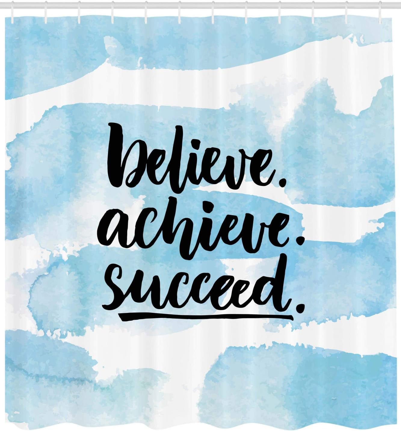 Ambesonne Inspirational Saying Shower Curtain, Believe Achieve Succeed Positive Challenging Saying Brush Lettering, Cloth Fabric Bathroom Decor Set with Hooks, 69" W x 75" L, Blue