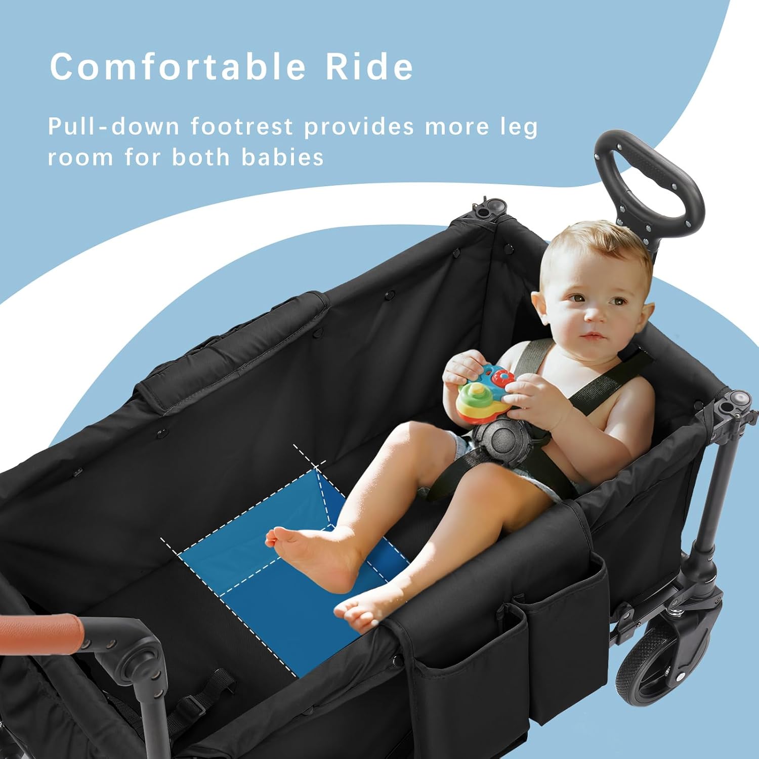 Stroller Wagon for 4 Kids with Footwell, Foldable All-Terrain Wagon Stroller with Adjustable Push/Pull Handle, Parent Organizer, 5-Point Harness, Ideal for Outdoor Adventures (Black)