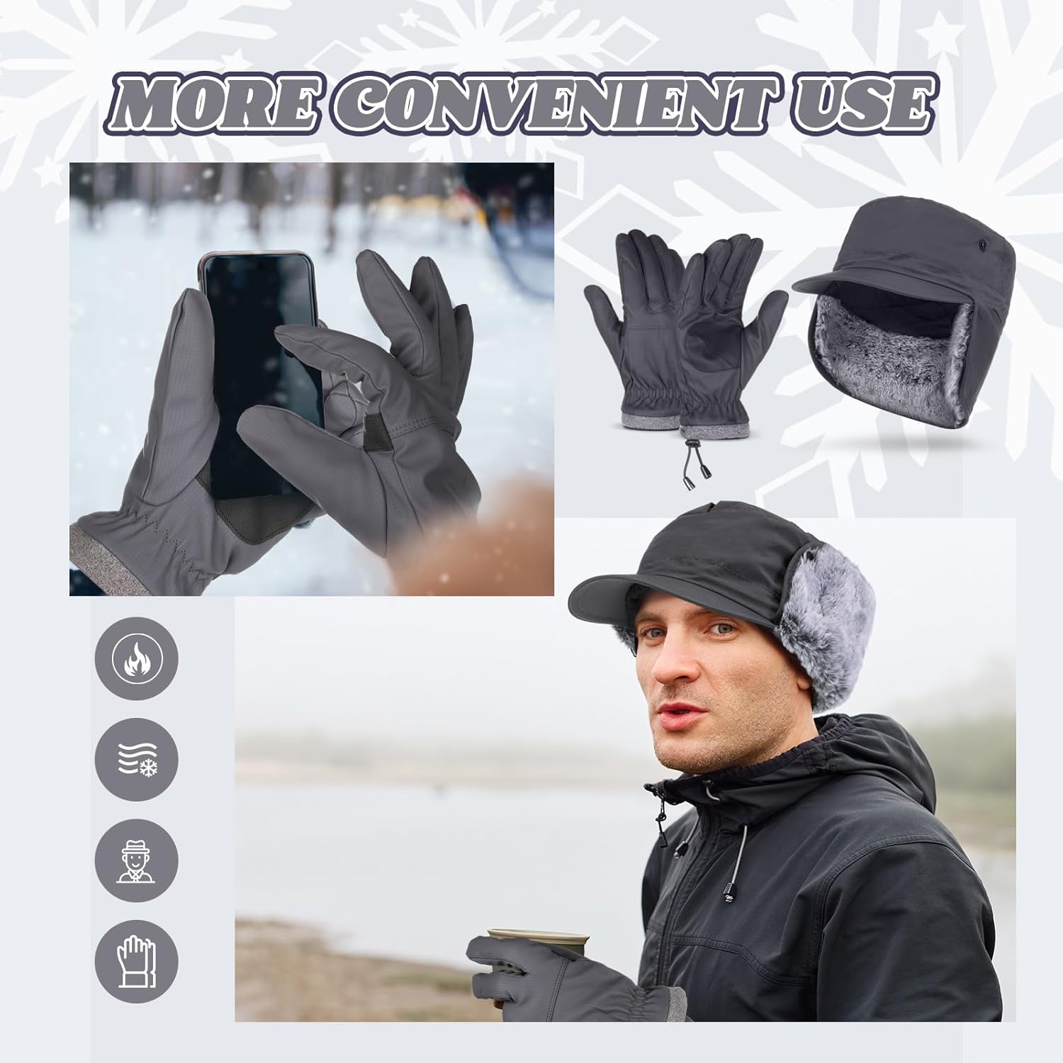 Men's Warm Winter Faux Fur Lined Hat Gloves Set Trapper Hunting Hats with Earflaps Waterproof Touchscreen Gloves - Image 3