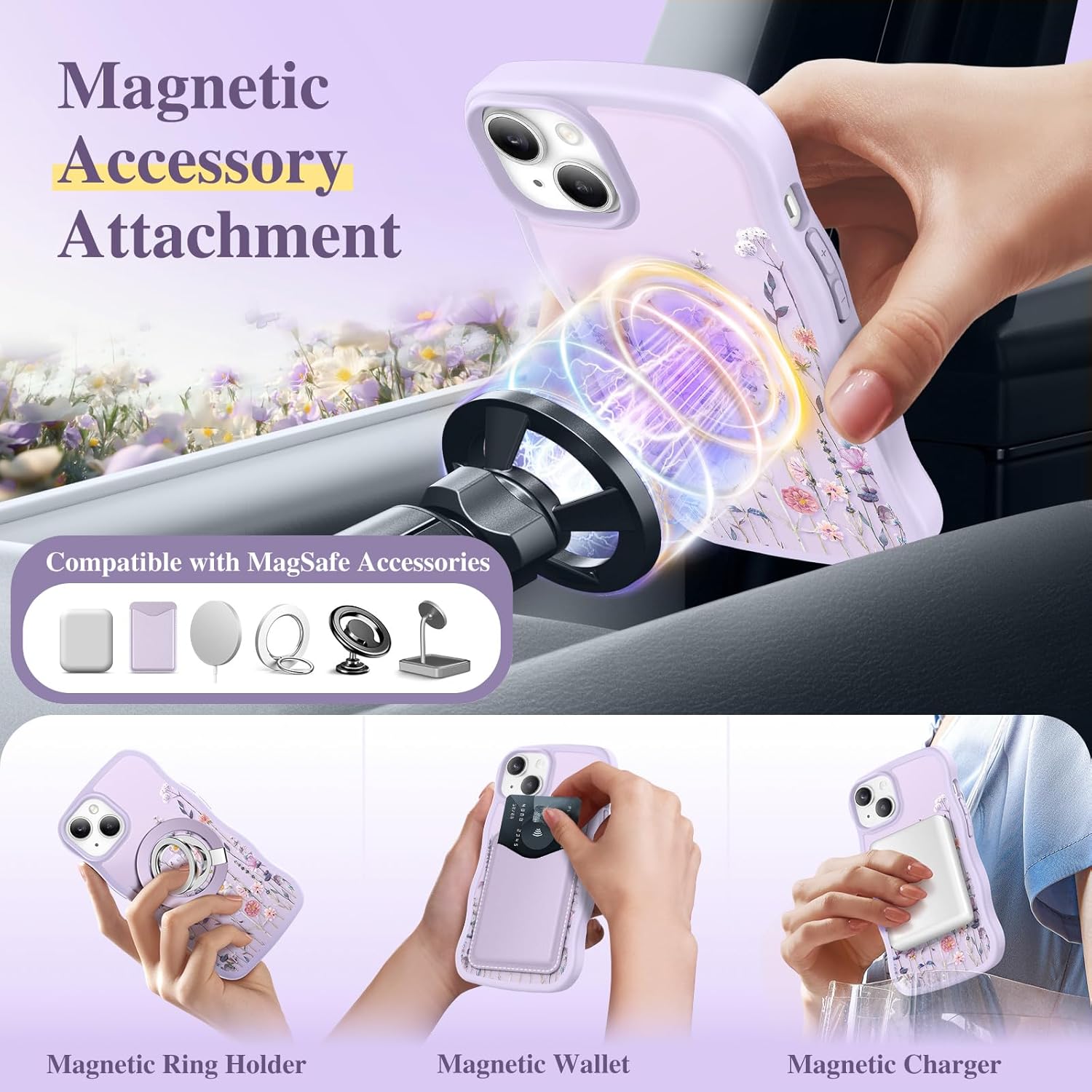 GVIEWIN Cute for iPhone 14 Case & iPhone 13 Case [Compatible with MagSafe] [Curly Wave Edge] Floral Translucent Magnetic Shockproof Protective Phone Cover for iPhone 14/13 6.1'', Floratopia/Colorful - Image 4