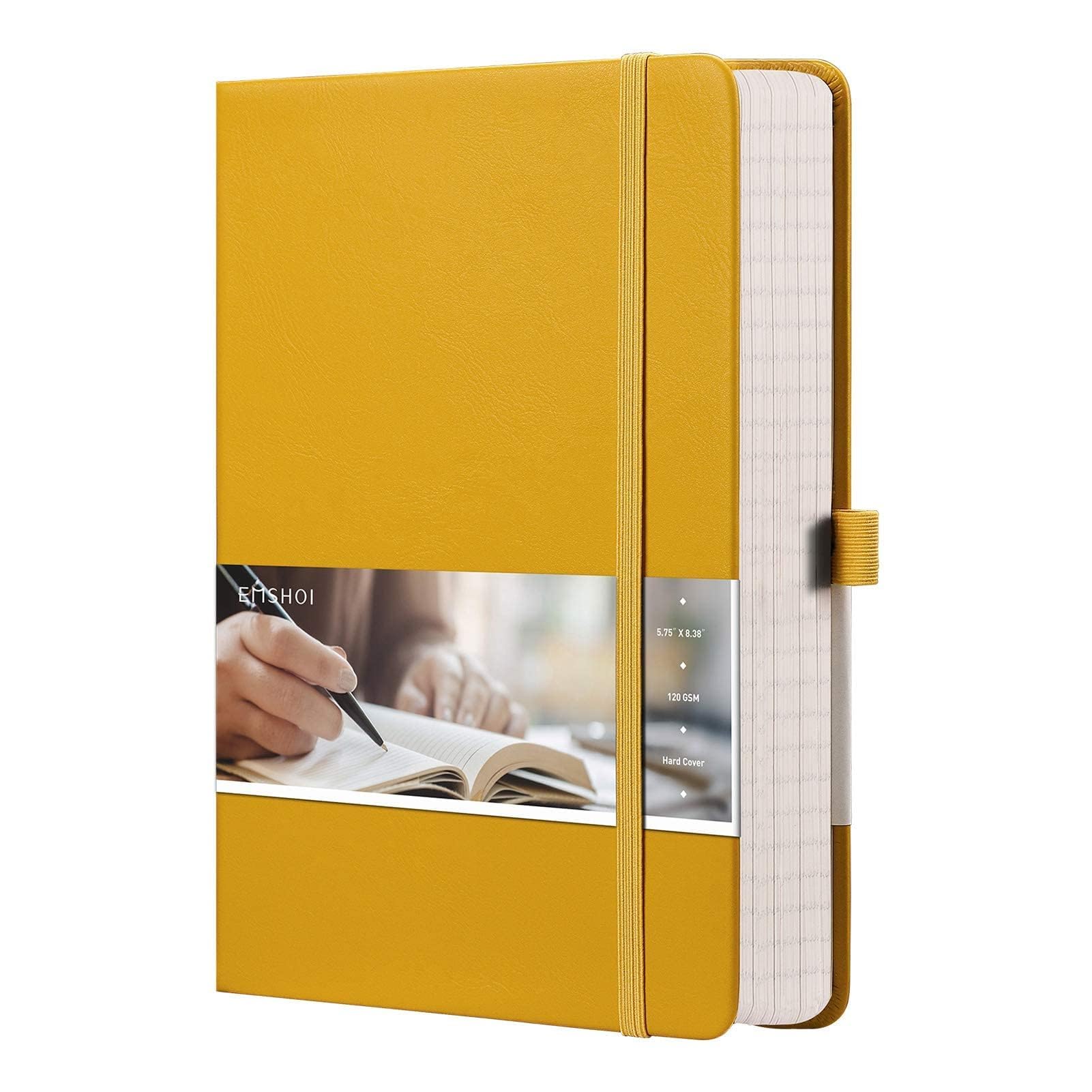 EMSHOI Graph Paper Notebook - 256 Pages A5 Graph Notebook/Journal, Square Grid Notebooks for Work, 120gsm Thick Paper, Executive Hardcover Leather, Inner Pocket, Pen Loop 5.75'' × 8.38''-Yellow
