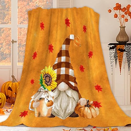 Miniatura 9 de JOOCAR Manta de gnomo de otoño, decoración de hojas de otoño, lindo gnomo con manta de girasol, acogedora manta suave y ligera de franela de felpa