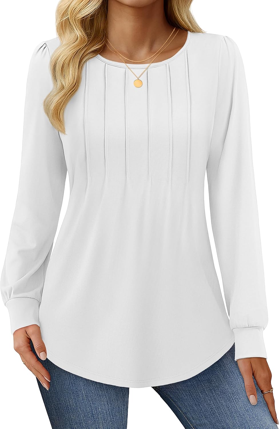YUCOLEN Long Puff Sleeve Shirts for Women Pleated Crew Neck Tunic Tops Blouses Dressy Casual Fall Tops