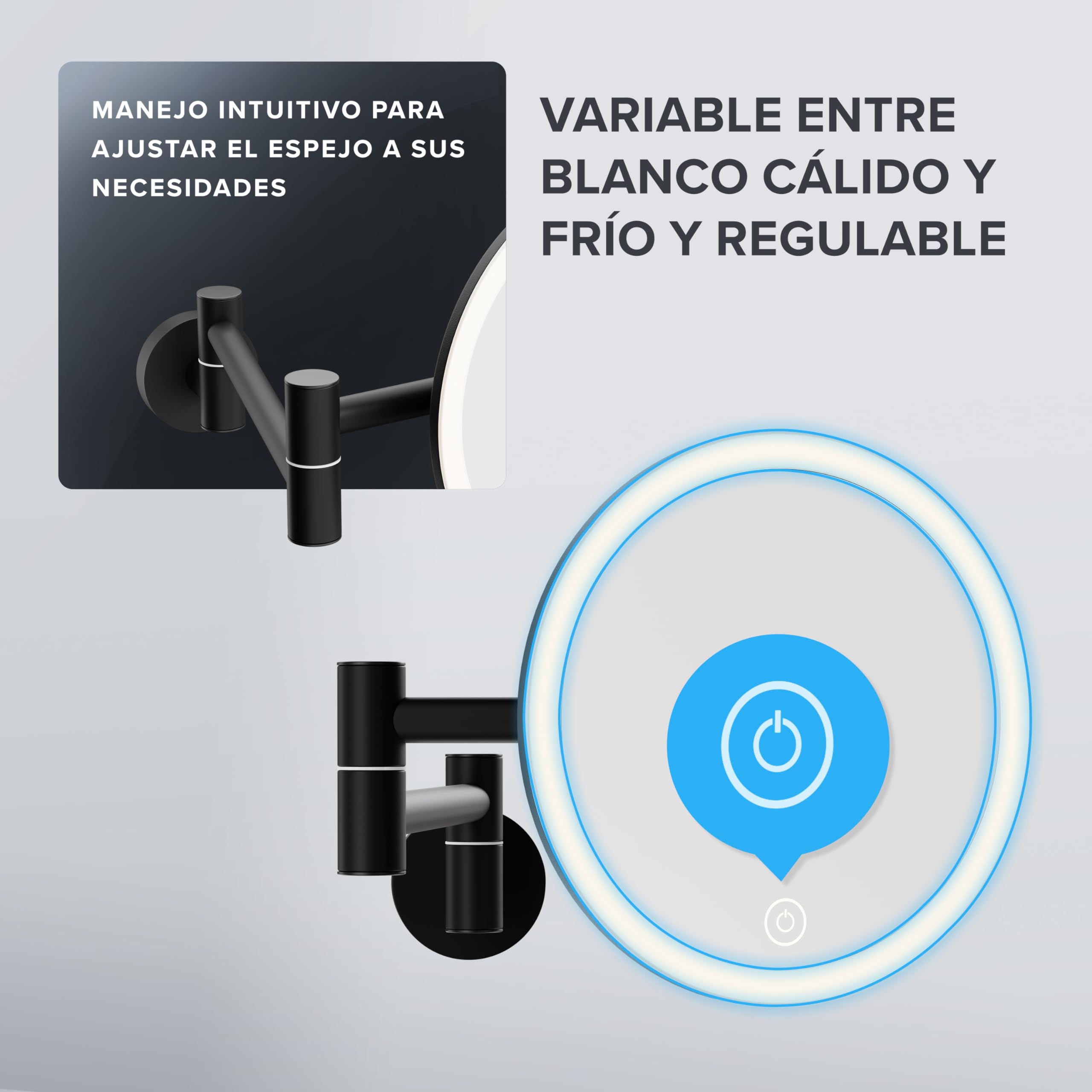 ovimar Leinoya Espejo cosmético | con iluminación | recargable | montaje en pared para taladrar | en el cuarto de baño | espejo de aumento 5x | espejo de maquillaje con luz | 360 grados 5X negro para
