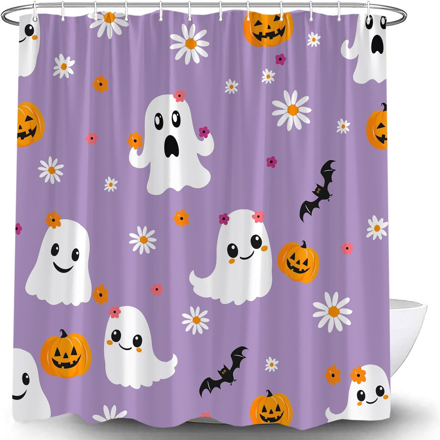 Halloween Floral Ghost Shower Curtain Cute Funny Cartoon Ghost Bat Pumpkin Spooky Boho Floral Vintage Halloween Holiday Pink Fabric Bath Curtain with Hook