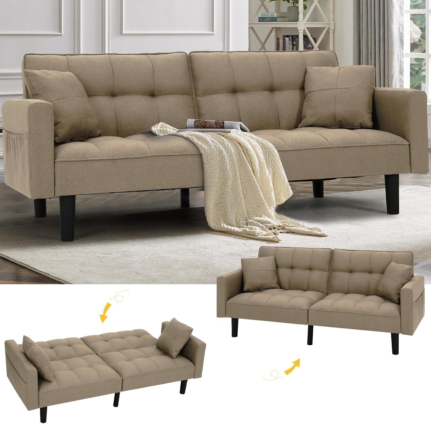 AVAWING Futon Sofa Bed, 3 in 1 Convertible Sofa Bed with Adjustable Backrest 74" Linen Fabric Couch with 2 Pillows & Side Pockets Modern Loveseat Sleeper Sofa for Living Room Bedroom Office, Khaki