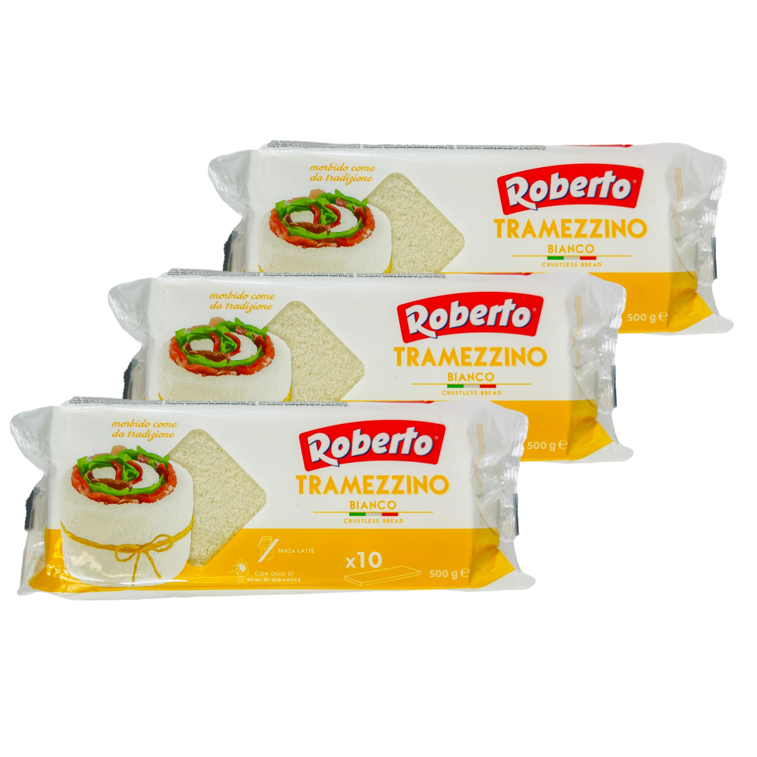 Roberto - 3er Pack Original italienisches Tramezzino Tramezzini Weißbrot - Weissbrot Tramezzone Tramezzinibrot (Toast ohne Rand, Rinde) in 500 g Packung