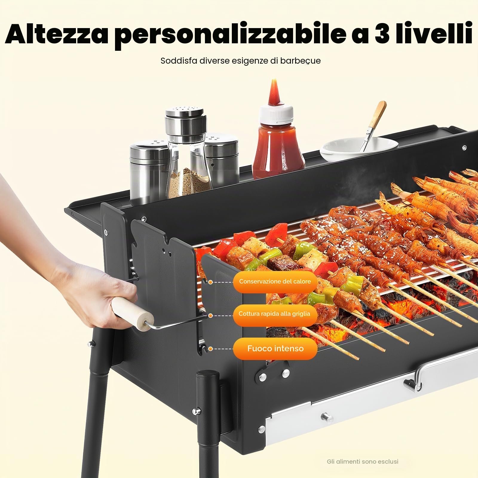 Barbecue pieghevole a carbonella, con regolazione in altezza a 3 posizioni, per giardino e esterni, a carbonella per spiedini di carne, barbecue e famiglia