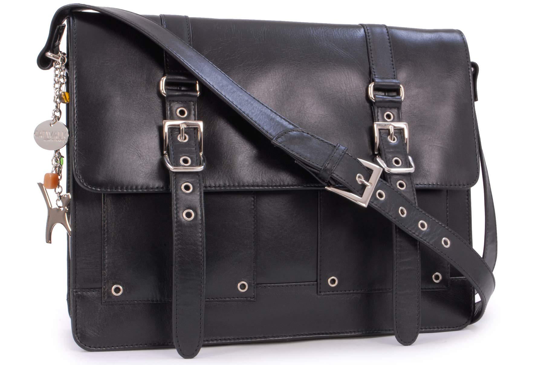 Catwalk Collection HandbagsLadies Leather Messenger Cross Body Bag - Women's Organiser Work Bag - Small Laptop/Tablet Bag - APPRENTICE - Black