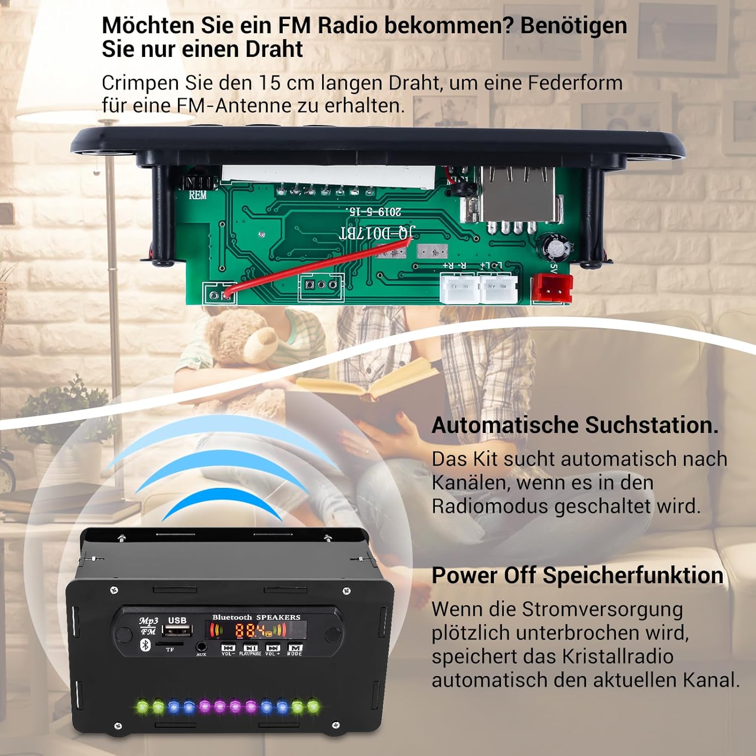 FM Radio features including antenna, auto-search, and power-off memory