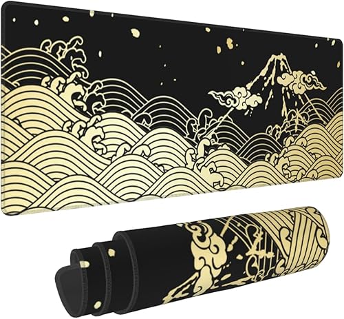 Alfombrilla de ratón para videojuegos con onda japonesa dorada y negra XXL XL grande para escritorio, alfombrillas antideslizantes largas extendidas