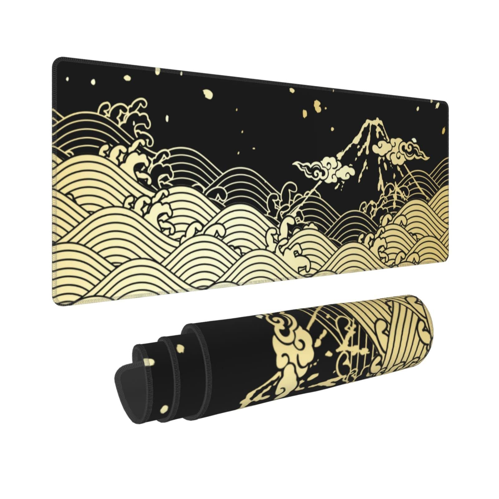 Japanese Wave Gold Black XXL XL Large Gaming Mouse Pad for Desk, Non-Slip Long Extended Keyboard Pads Mousepad Rubber Table Mat 31.5 X 11.8 Inch